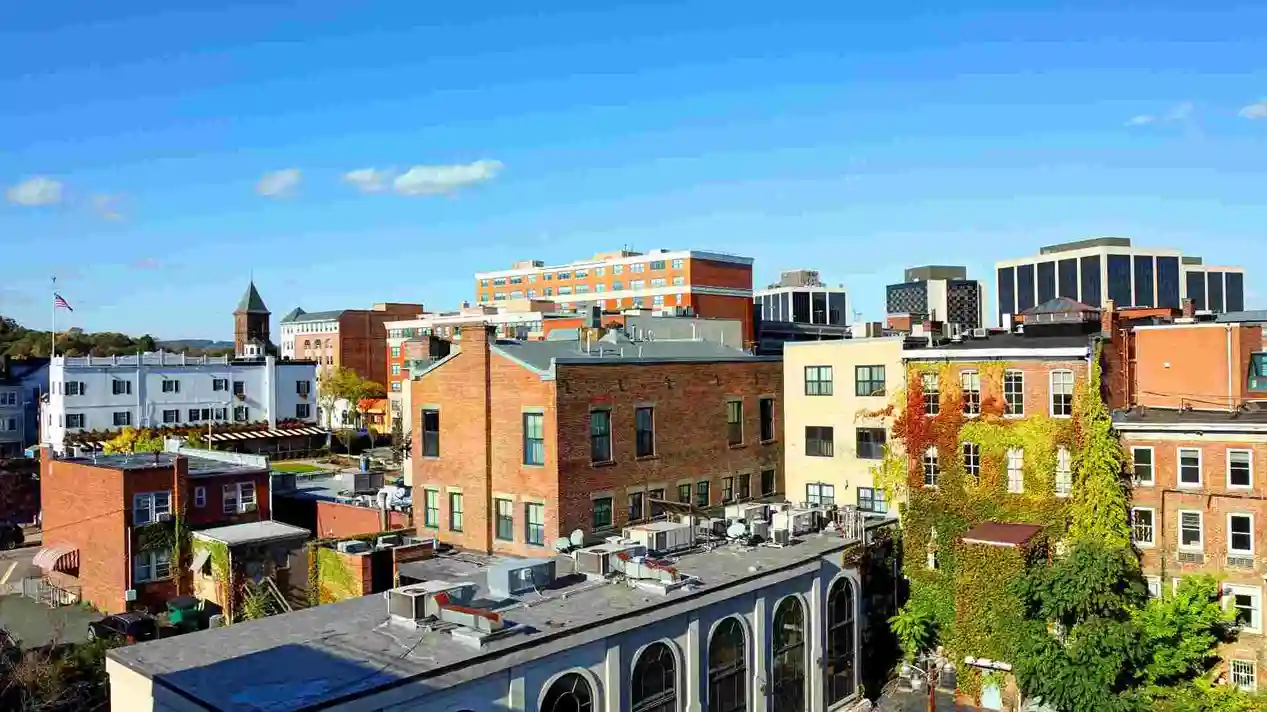 A cityscape view showcasing rooftops of buildings with a mix of old and new structures, as well as greenery along the buildings' walls.