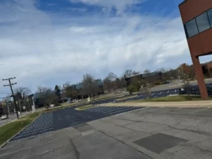 Fresh asphalt and crisp parking stripes